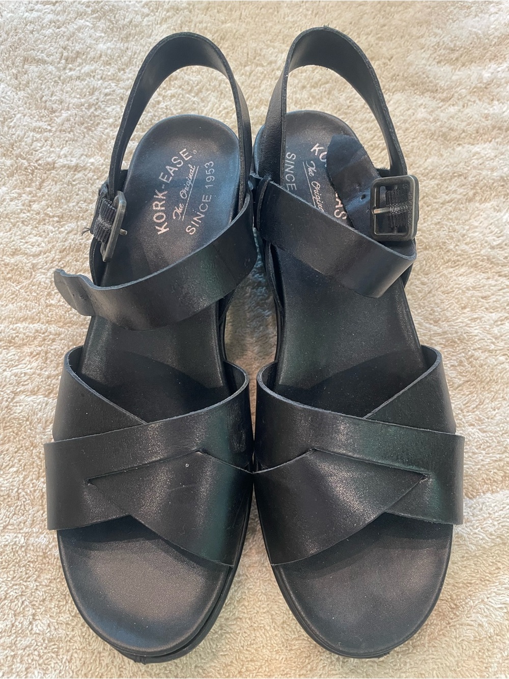 Kork-Ease Black Leather Cross-Strap Slingback Sandals
